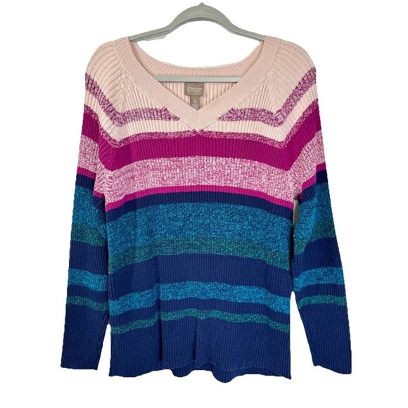 Chicos Ribbed Knit V-Neck Sweater Womens 3/XL Multicolor Stripe Pullover Classic - Picture 2 of 10
